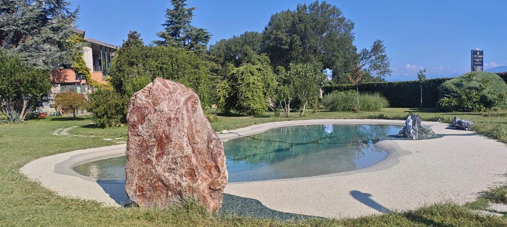 Piscina naturale nel giardino, con masso in pietra e vista verso le colline