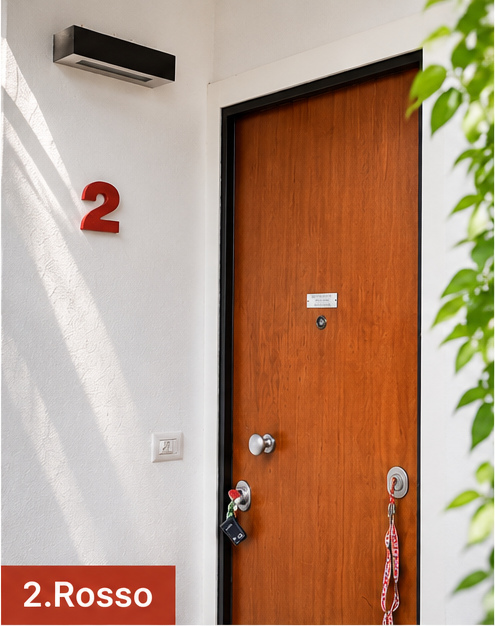 Apartment 2.Rosso — entrance door with the red number 2 on the wall